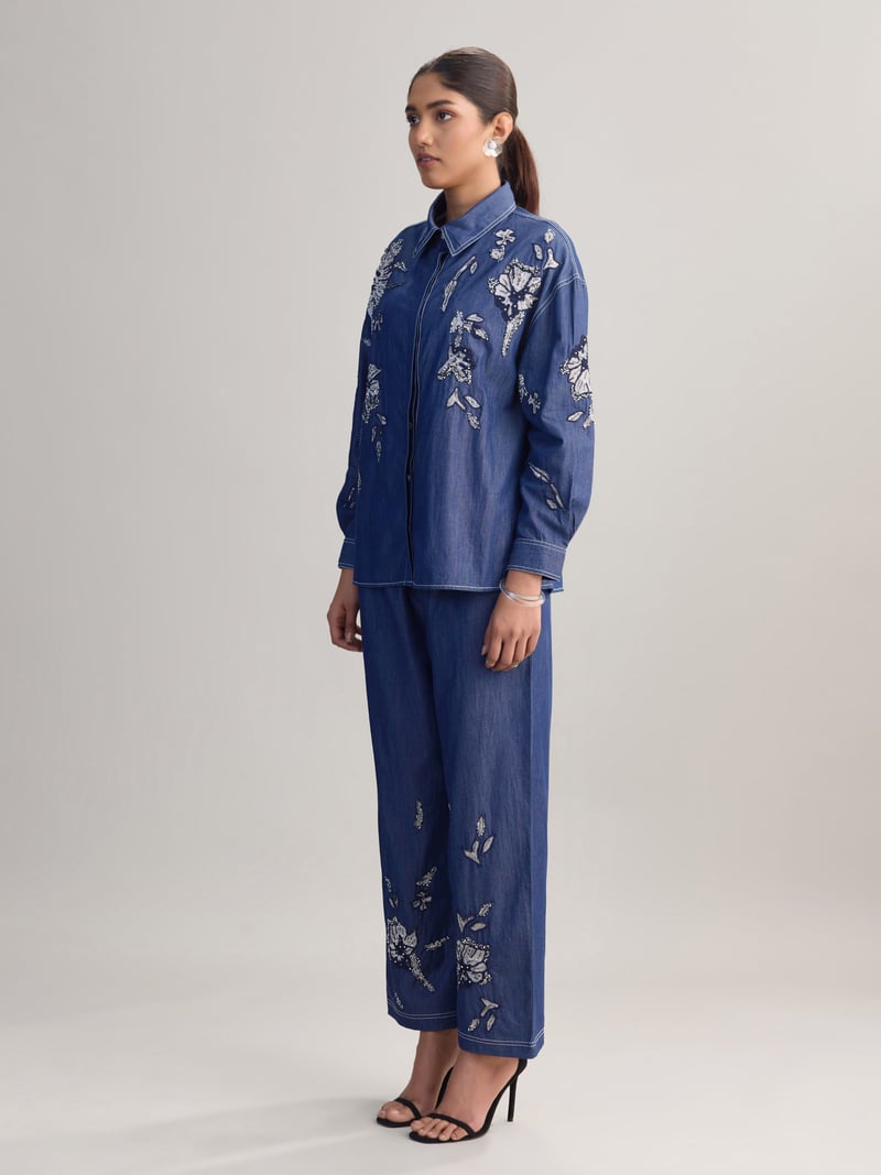 Blue Embellished Denim Shirt and Wide-Leg Pants Co-ord Set