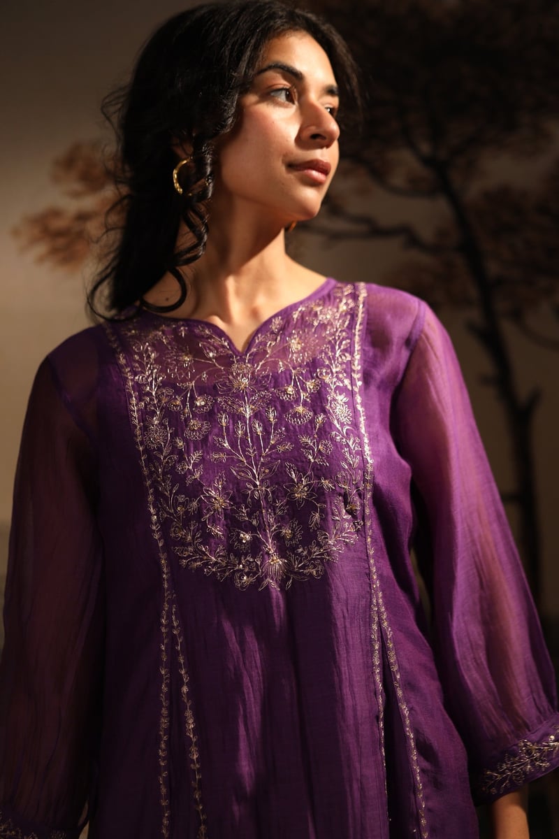 Purple Chanderi Embroidered Kurta Set with Pants and Slip