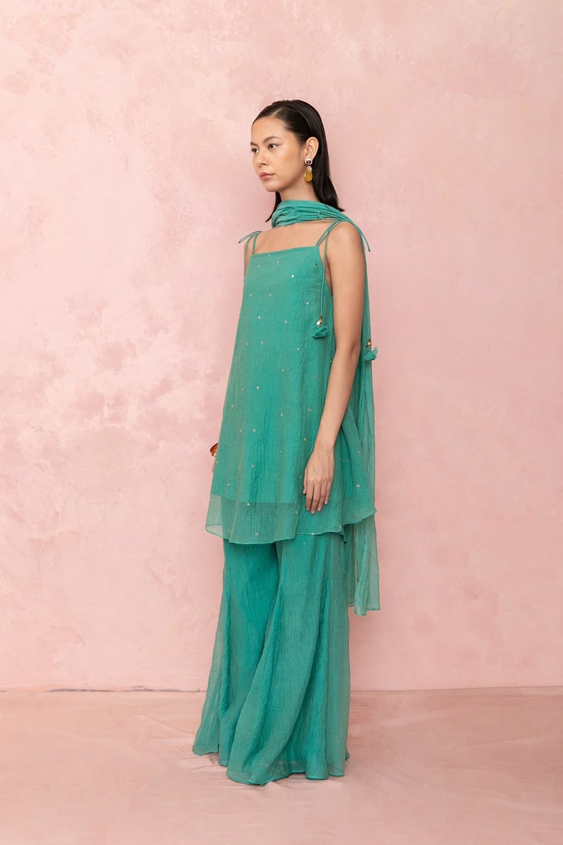 Green Square-Neck Kurta Sharara Suit Set with Dupatta