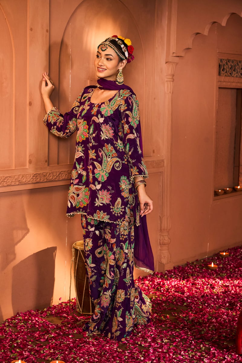 Purple Embroidered Kurta Sharara Set with Dupatta
