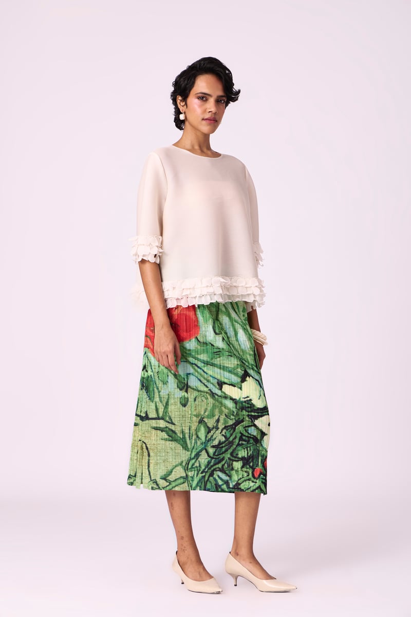 Ivory Pleated A-Line Top with Organza Scallop Hem