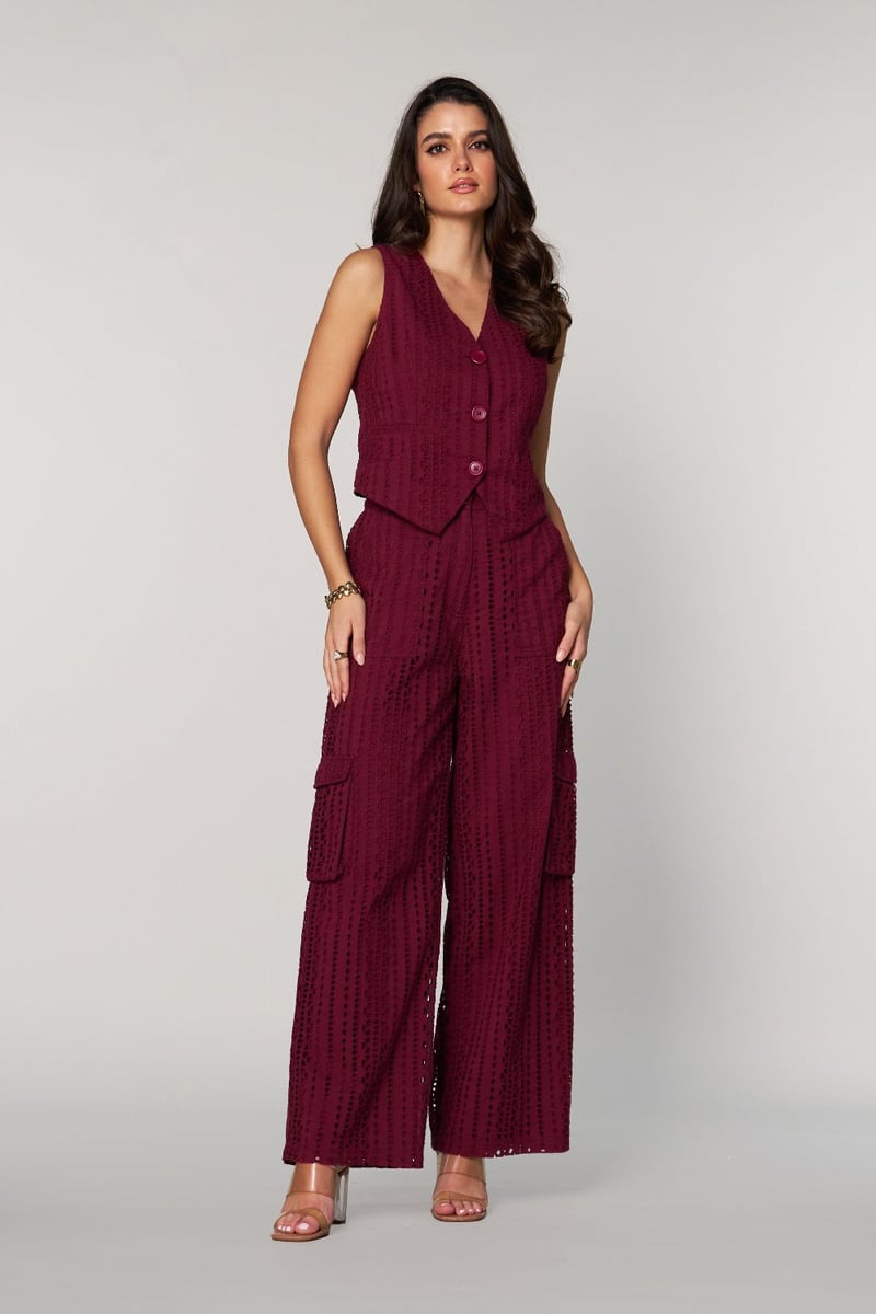 Wine Schiffli Cutwork Button-Front Tailored Waistcoat