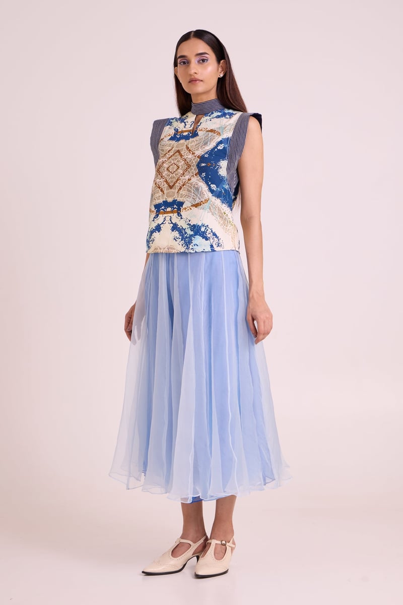 Ice Blue Printed Top and Divided Skirt Co-ord Set