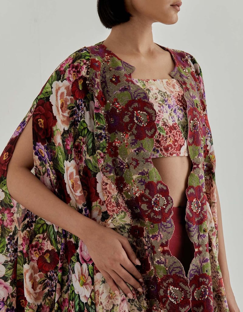 Red Pink Rosette Nomad Bustier & Cape & Trouser