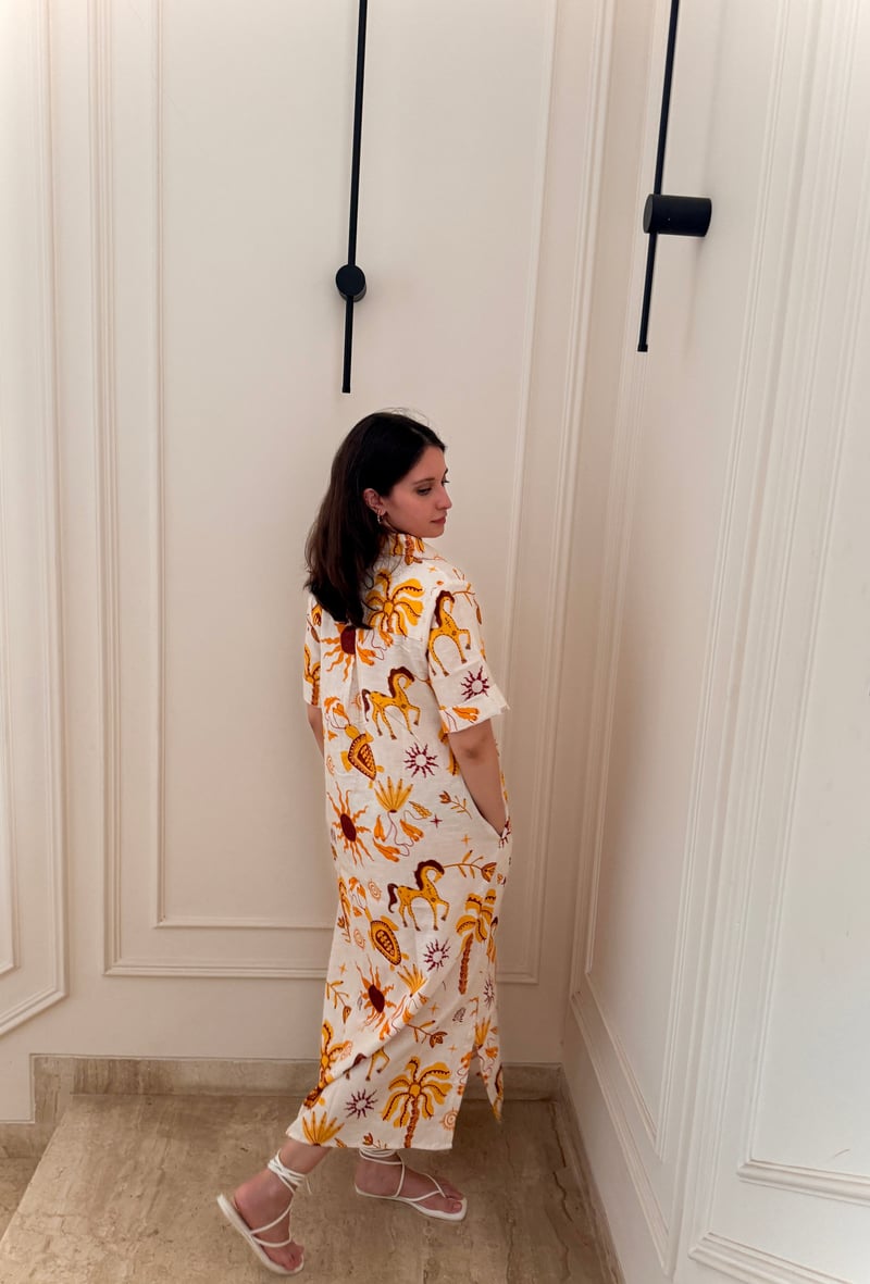 White/Yellow Graphic Print Kaftan Maxi Dress