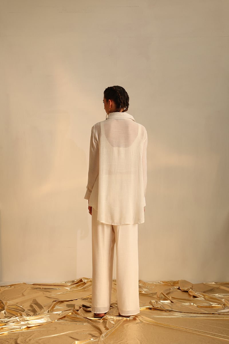 Off White Embellished Shirt and Palazzo Co-ord Set
