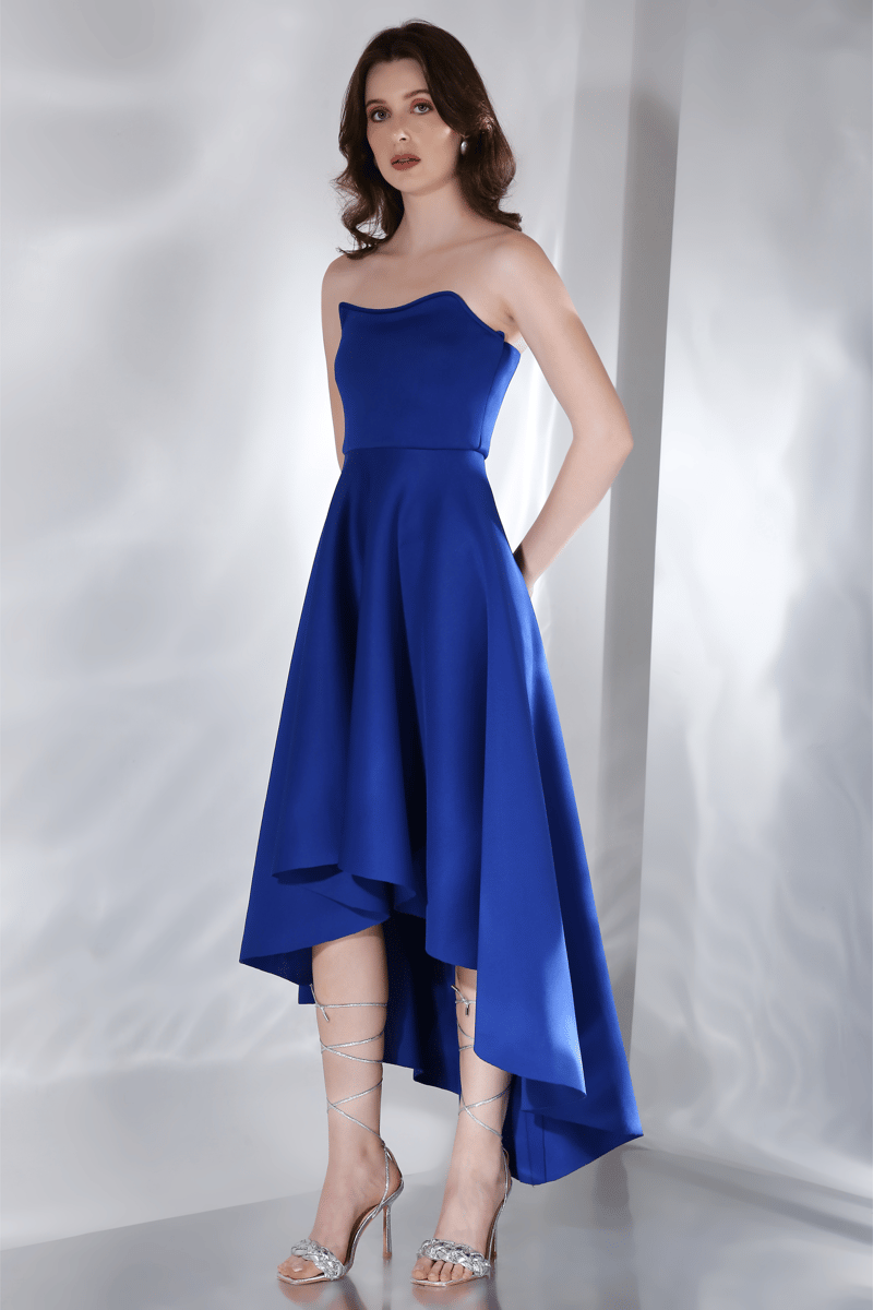 Blue Strapless Fit and Flare High-Low Midi Dress Set