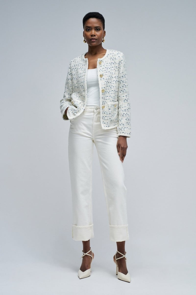 Pearl Tweed-Textured Belted Button-Front Coat