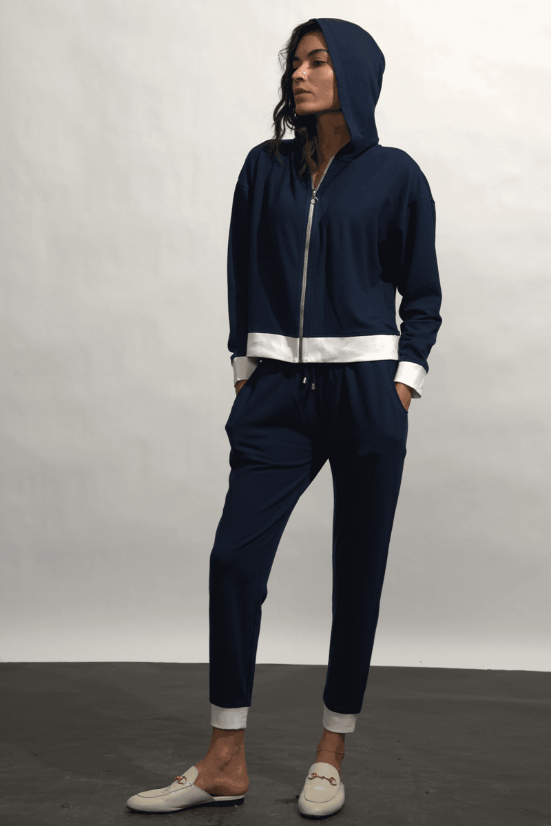 Navy and White Tapered Joggers with Drawstring Waist