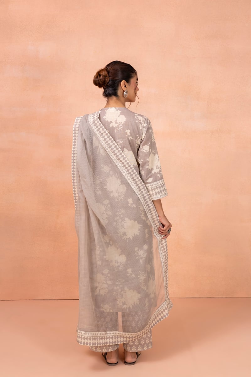 Grey Floral Print Cotton Kurta Set with Dupatta