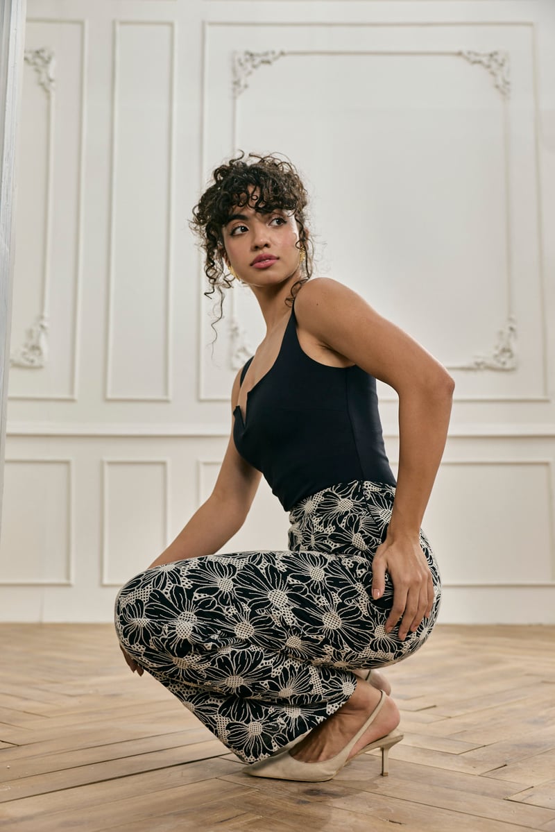 Black Schiffli Embroidered Wide-Leg Cotton Trousers