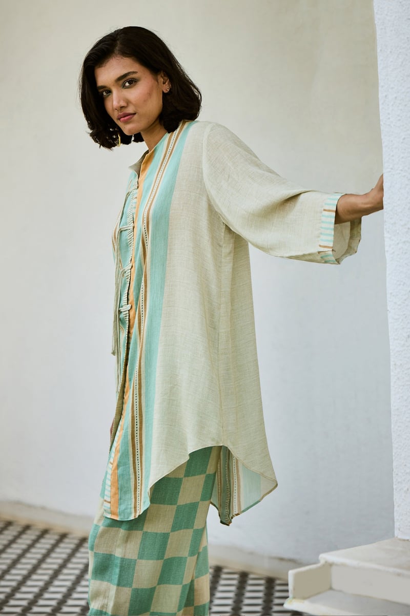 Off-White Linen Striped Tunic and Checked Pant Co-ord Set