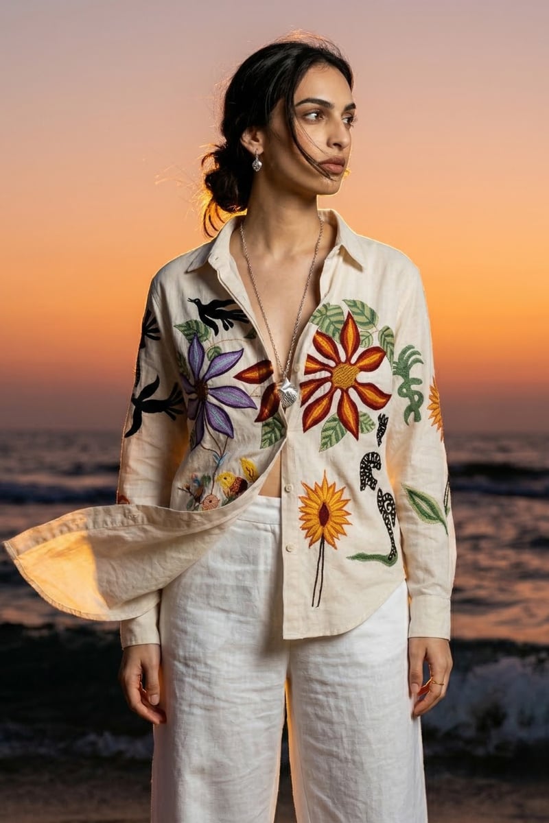 Beige Cotton Poplin Embroidered Button-Down Shirt