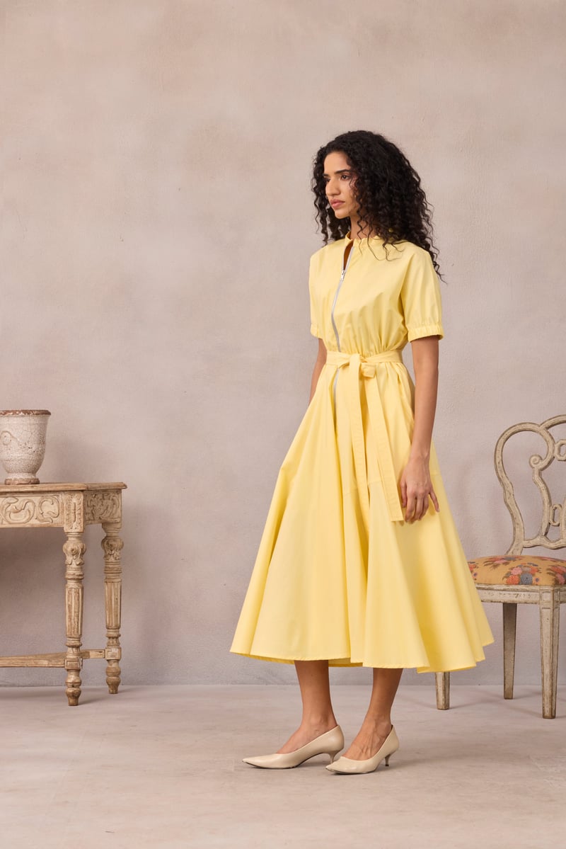 Lemon Sorbet Zip-Front Fit and Flare Midi Dress