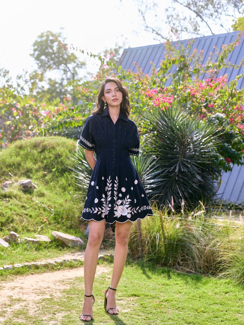 Black Embroidered Fit and Flare Mini Shirt Dress