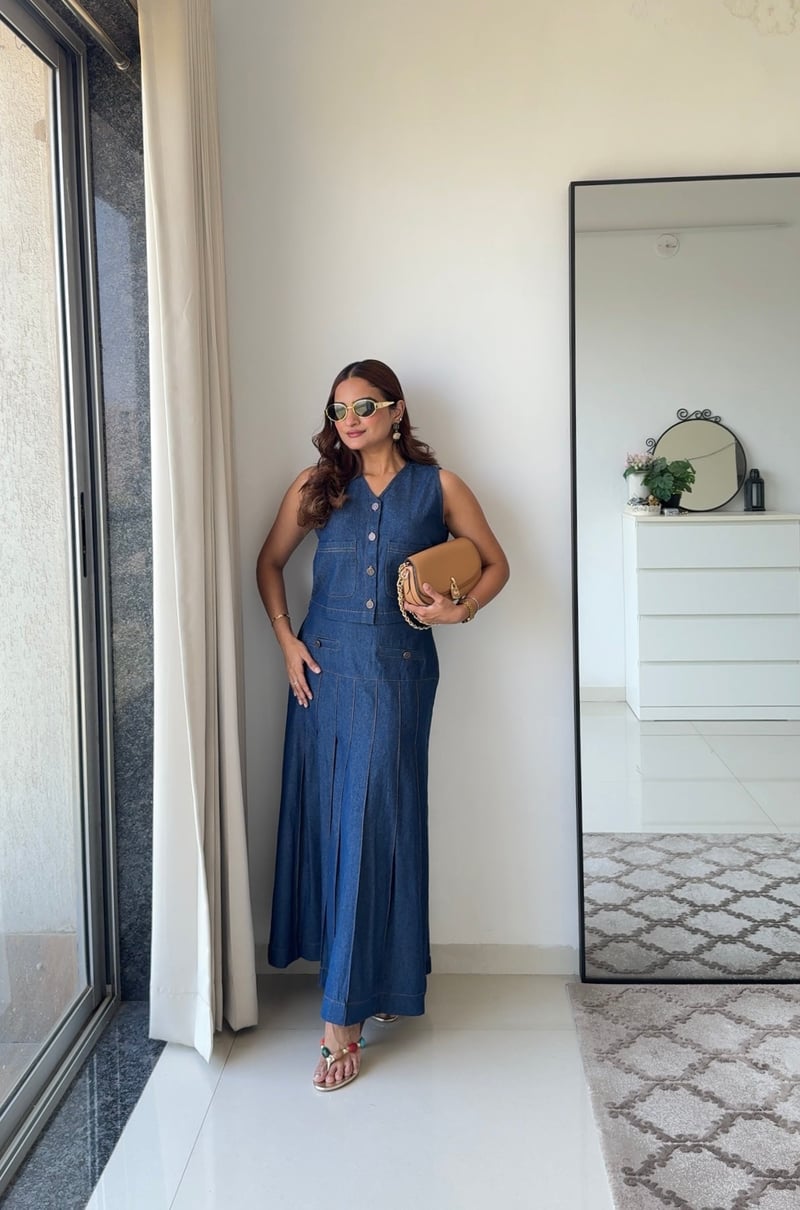 Blue Denim Vest and Pleated Midi Skirt Co-ord Set