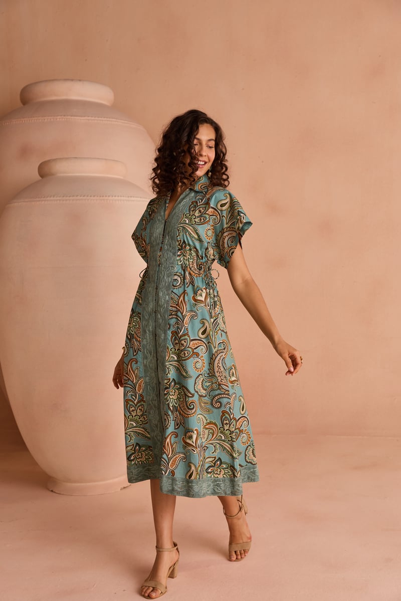 Blue Paisley Print Midi Shirt Dress with Waist Ties