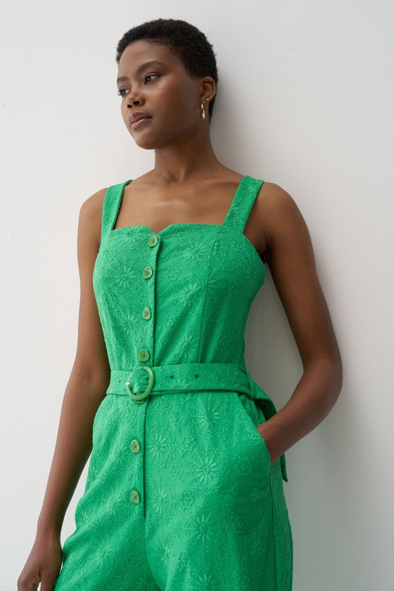 Medium Green Embroidered Belted Cropped Jumpsuit