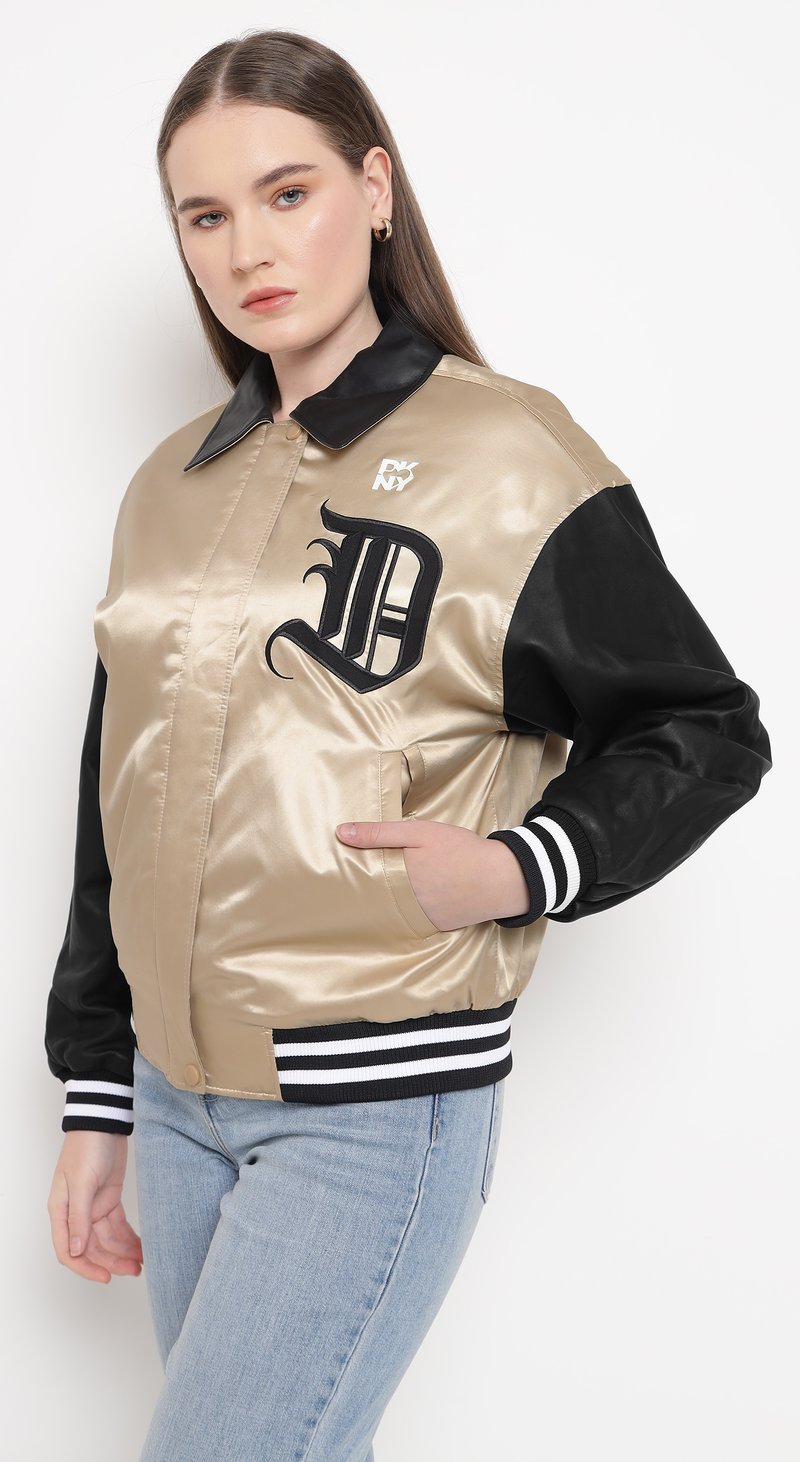 Beige and Black Colorblock Varsity Bomber Jacket