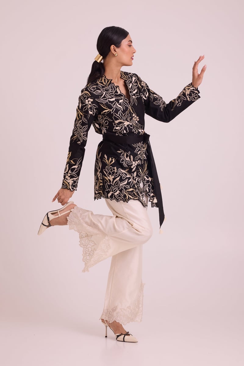 Black Wrap Blazer and Ivory Wide-Leg Pants Co-ord Set