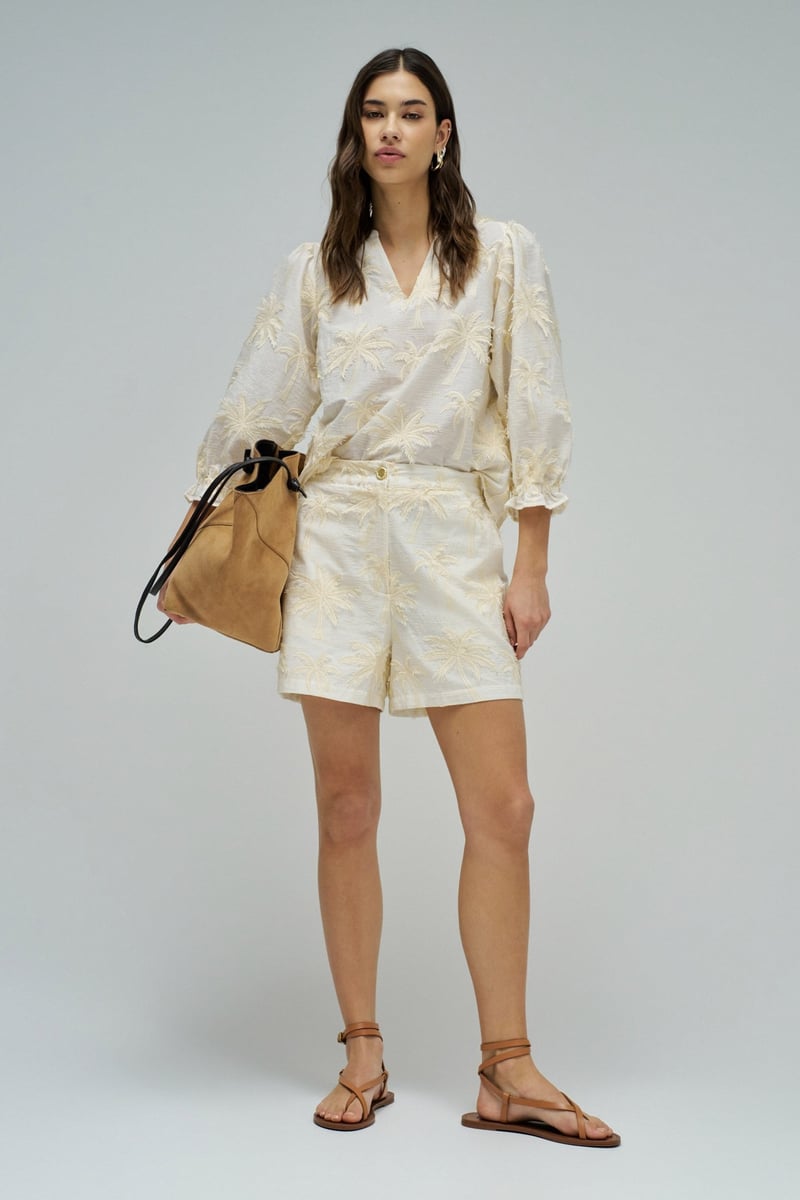 Ivory High-Waist Cotton Embroidered Shorts