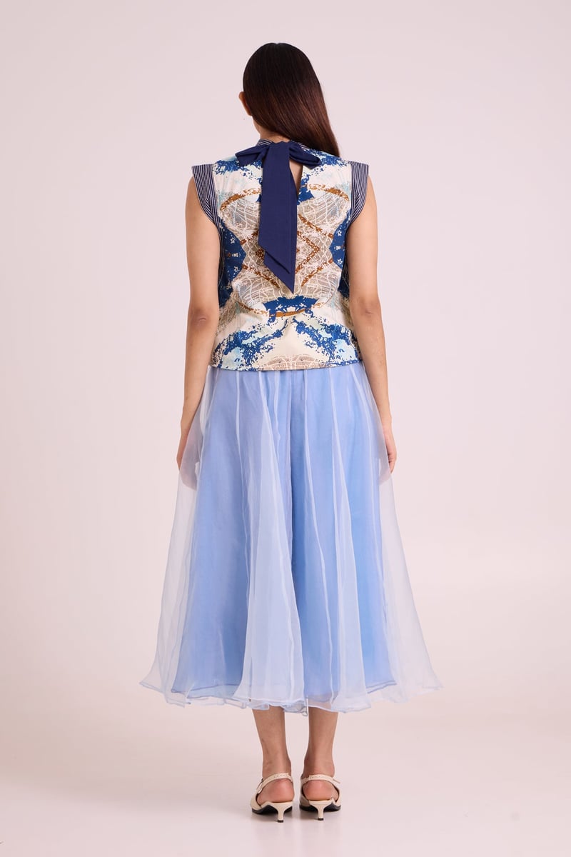 Ice Blue Printed Top and Divided Skirt Co-ord Set