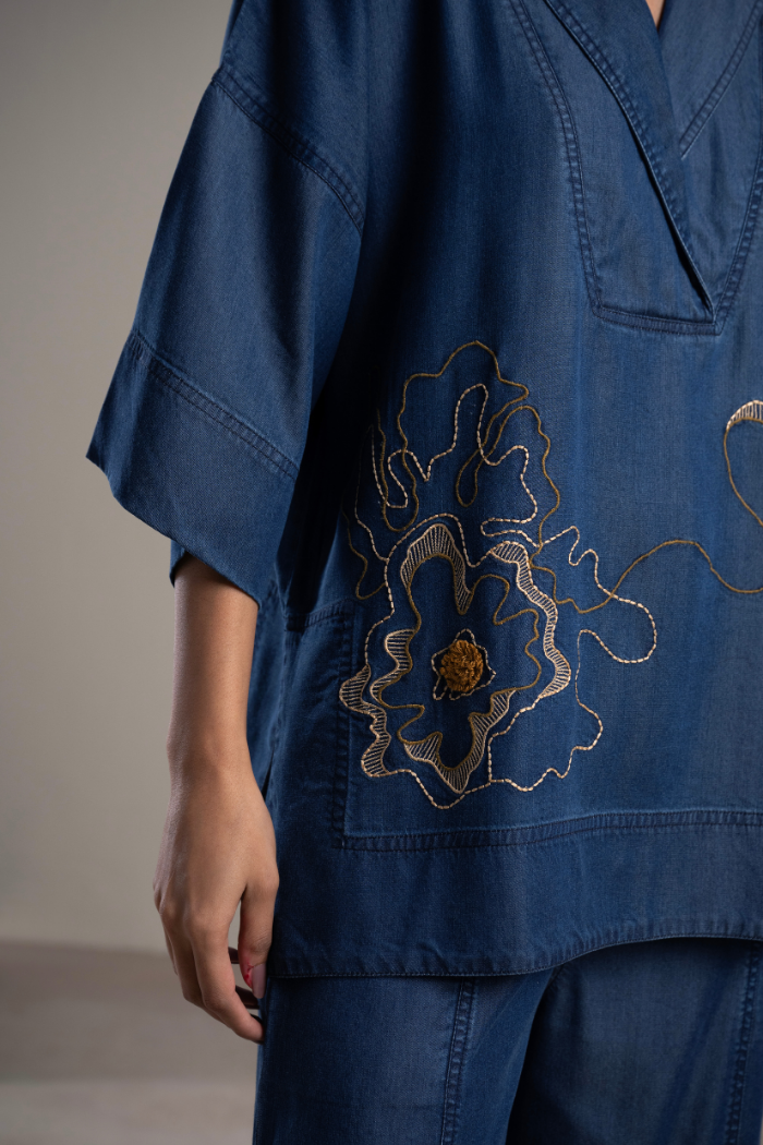 Blue Anti-Fit Lapel Shirt and Wide-Leg Pants Co-ord Set