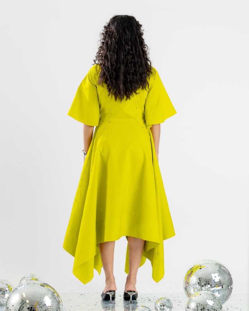 Lime Green Embellished Shirt Midi Dress with High-Low Hem