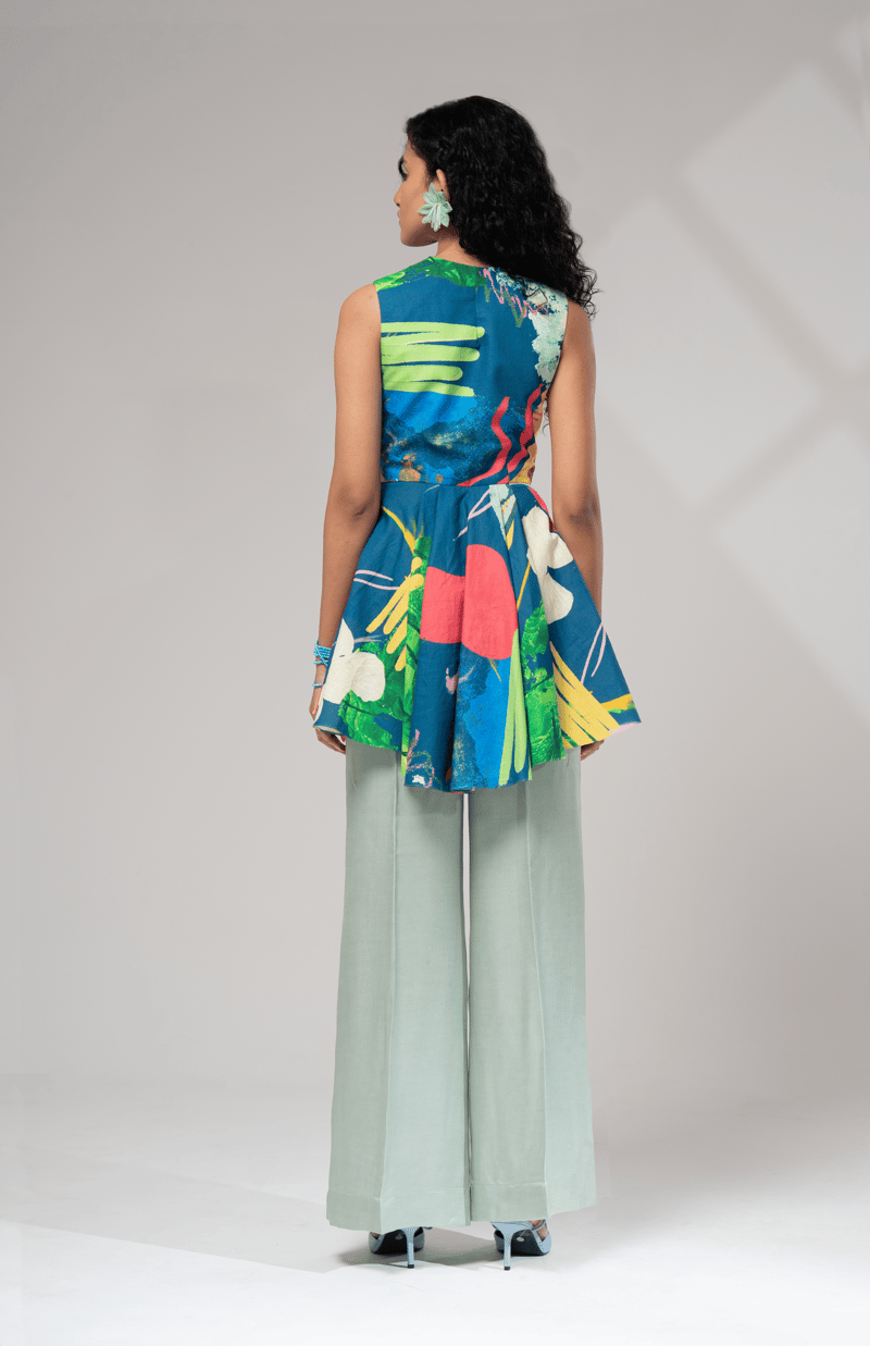Multicolor Abstract Printed Cotton Linen Peplum Top