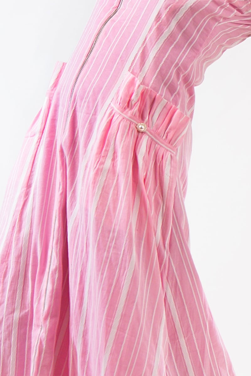 Pink Striped Zip-Front Midi Dress with Lapel Collar