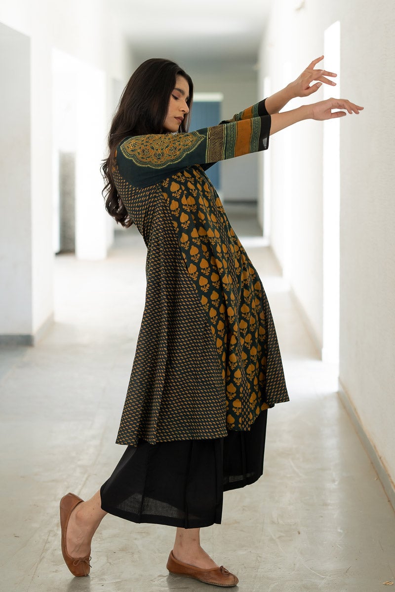 Forest Green A-Line Cotton Block Print Kurta