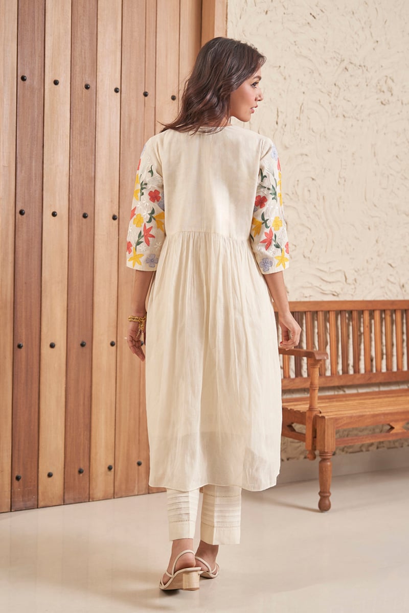 Off-White Mul Mul Kurta Set with Embroidered Cape