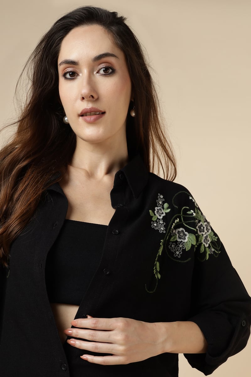 Black Button-Down Shirt with Floral Shoulder Embroidery