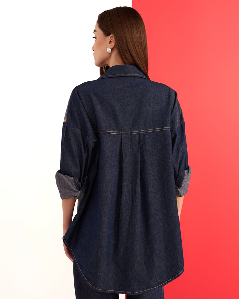 Denim and Beige Colorblocked Relaxed-Fit Shirt