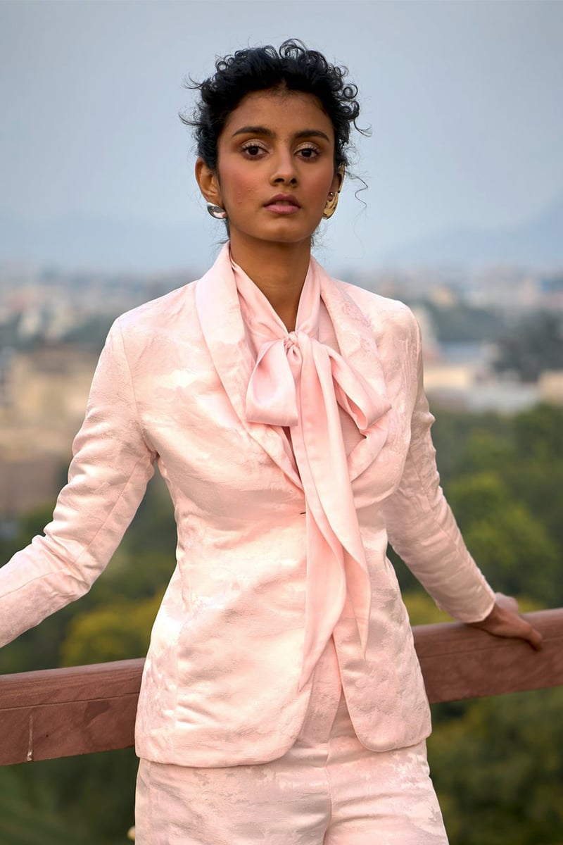 Powder Pink Modal Bow-Tie Neck Popover Blouse