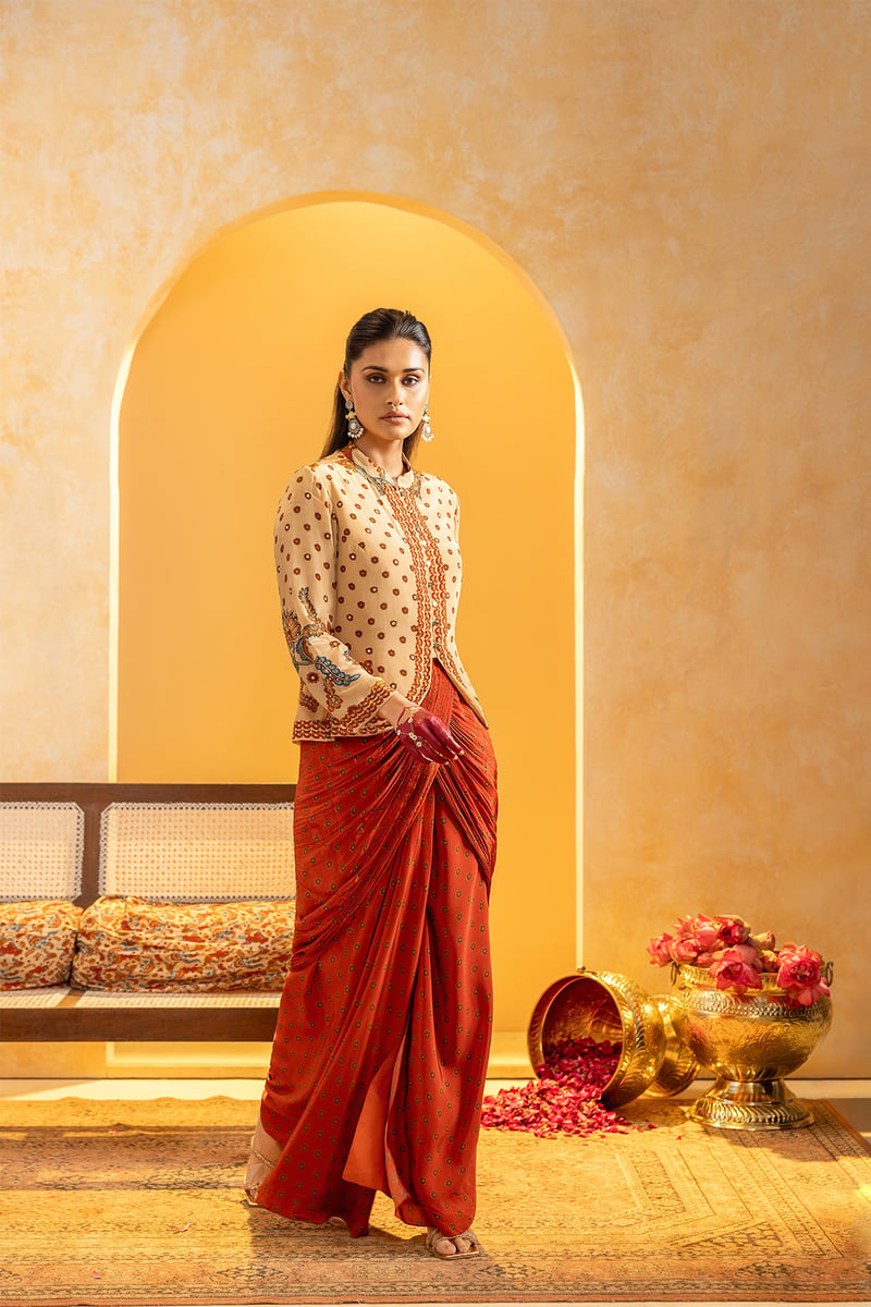Beige Jacket and Maroon Drape Maxi Skirt Co-ord Set