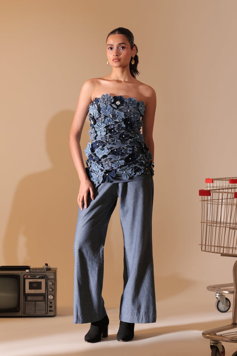 Blue Denim Strapless 3D Floral Co-ord Set