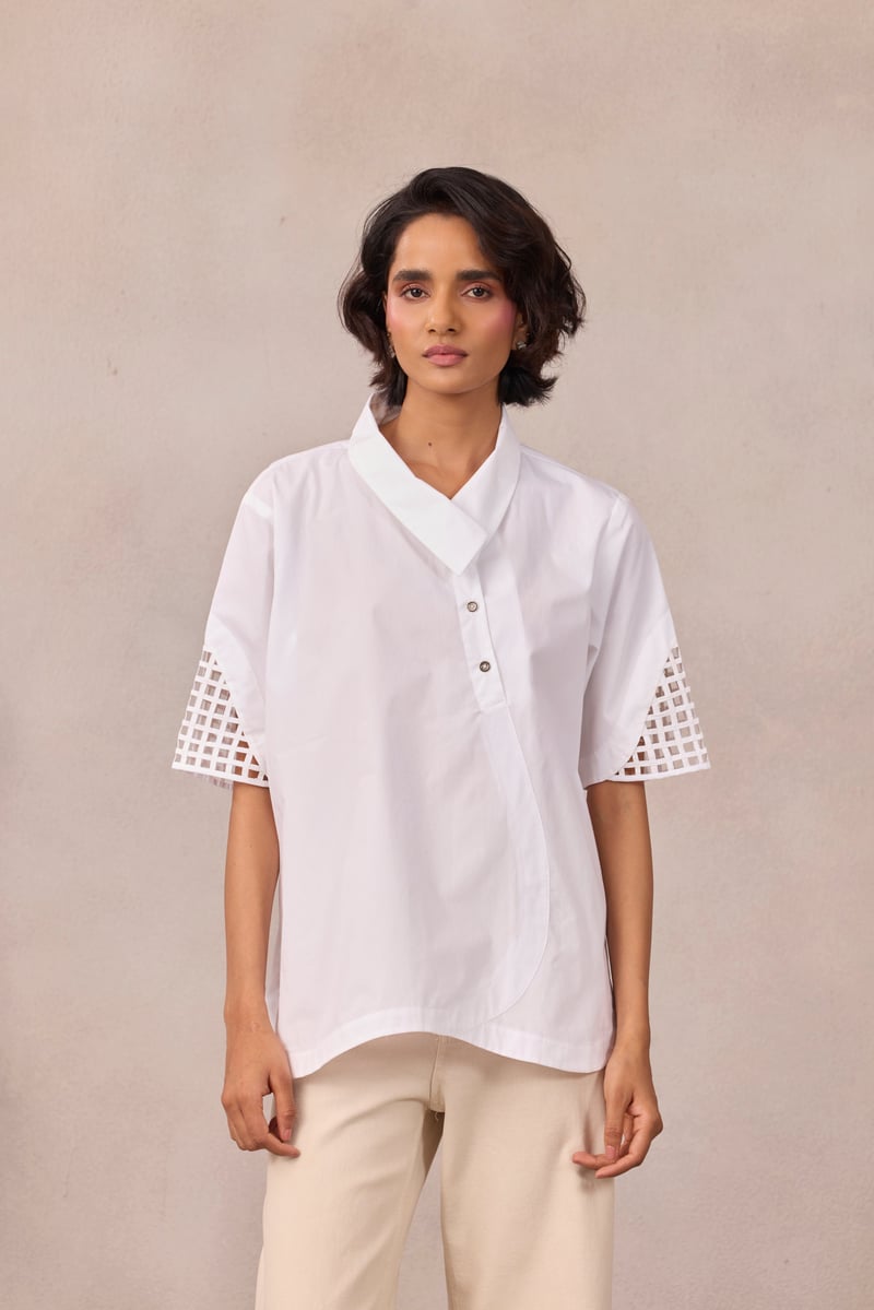 Bright White Poplin Shirt with Geometric Sleeve Cutwork