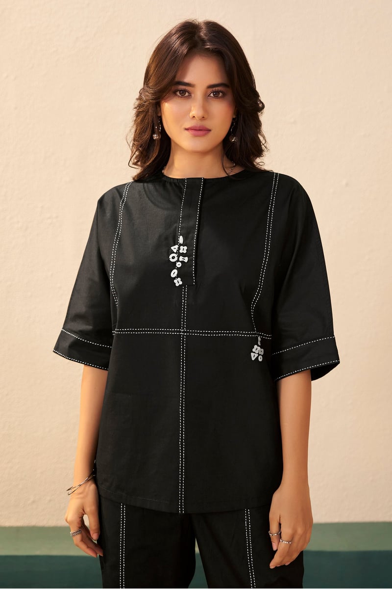 Black Poplin Co-ord Set with Contrast Stitching