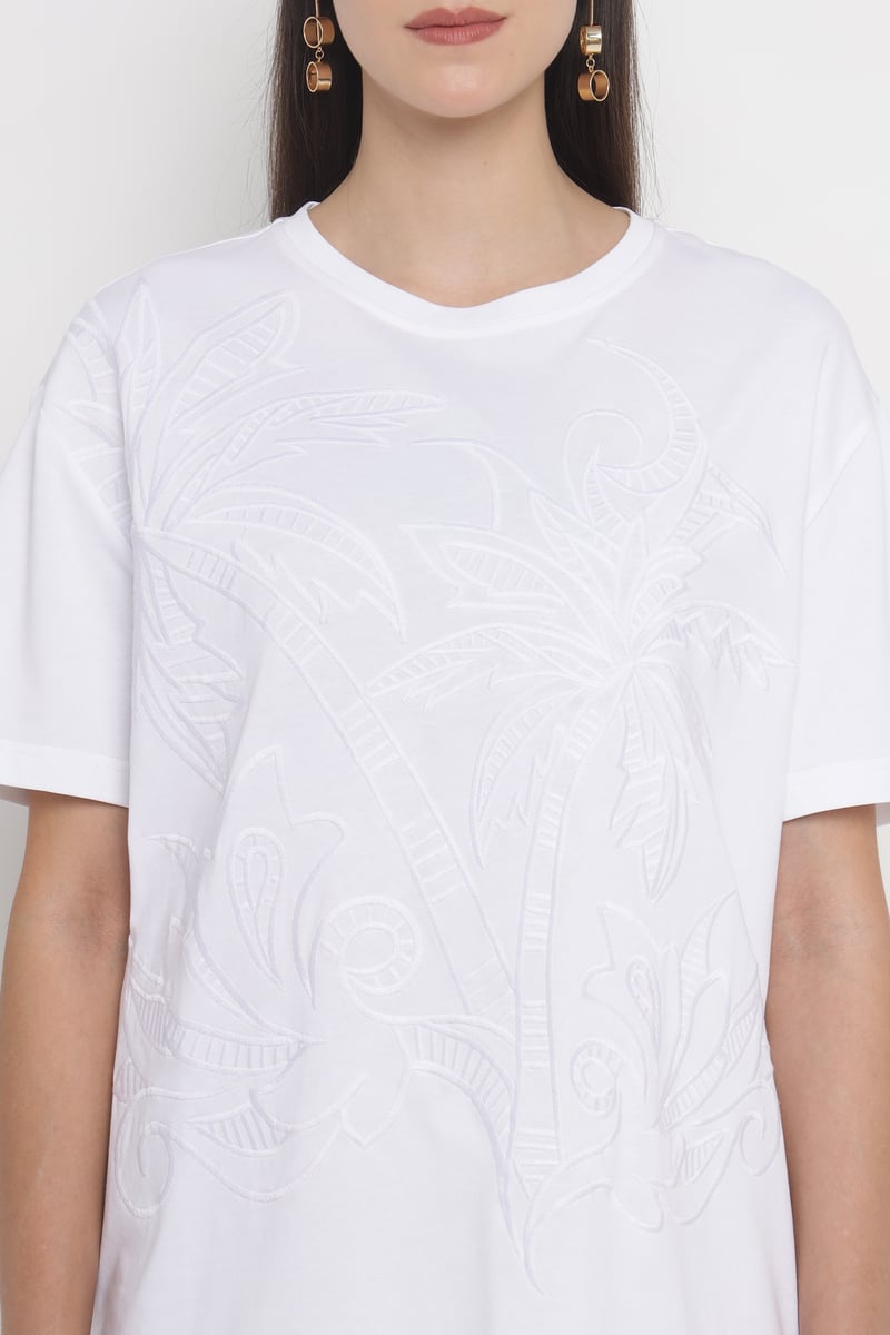White Cotton Jersey T-Shirt with Tonal Embroidery — SILVIAN HEACH