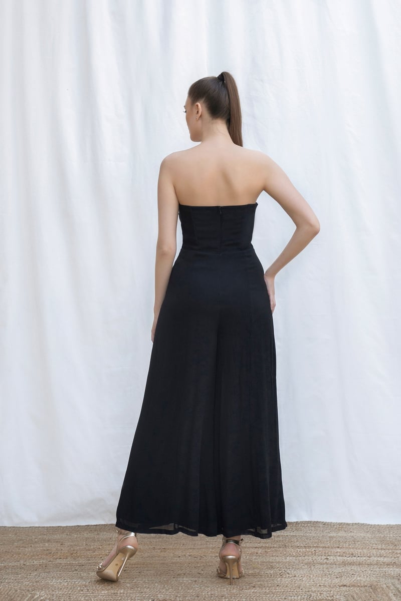 Black Strapless Beaded Tube Wide-Leg Jumpsuit