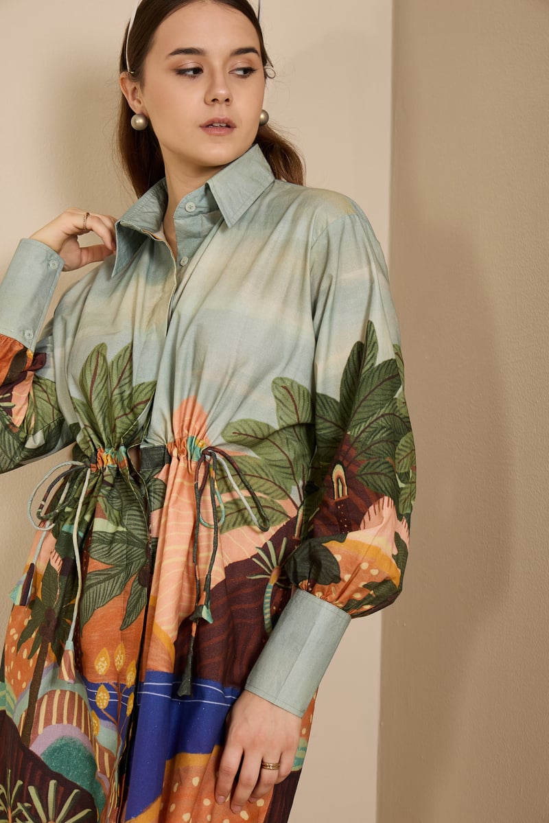 Printed Cotton Poplin Shirt Dress with Drawstring Waist