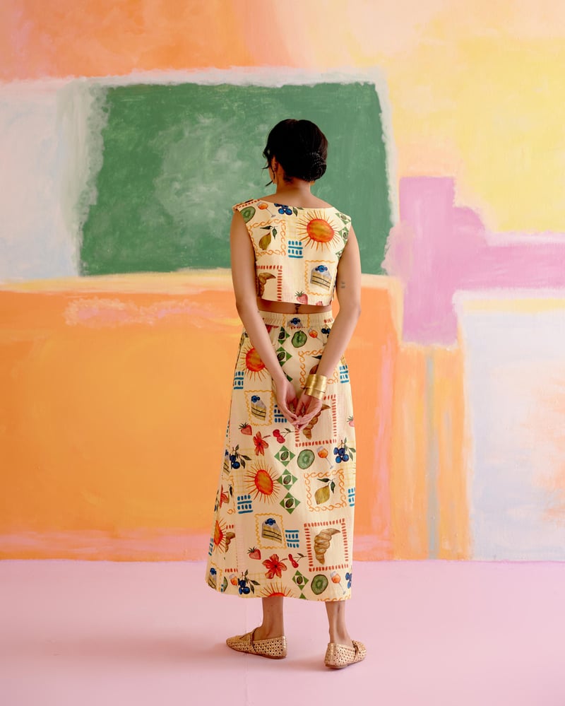 Yellow Printed Cotton Crop Top and Maxi Skirt Co-ord Set