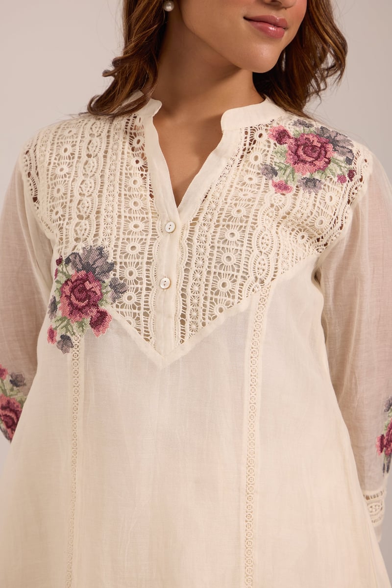 Off-White Mul Chanderi Shirt and Pants Co-ord Set