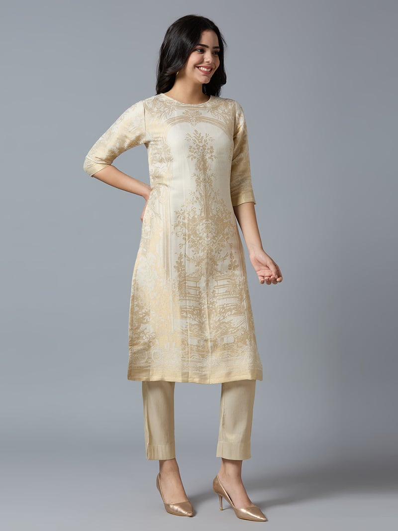 Navy/Gold Brocade Straight Kurta with 3/4 Sleeves