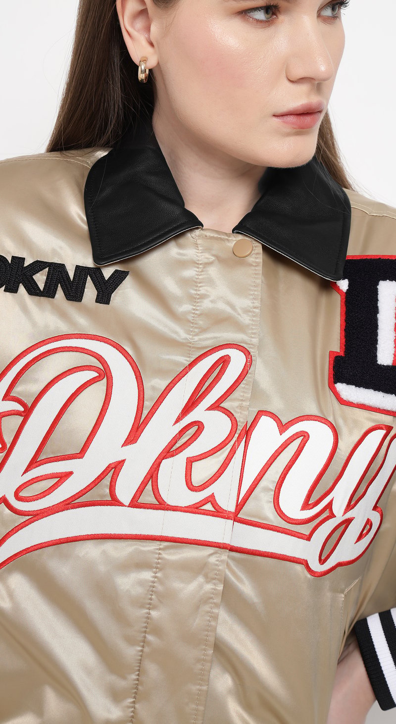 Beige and Black Colorblock Varsity Bomber Jacket