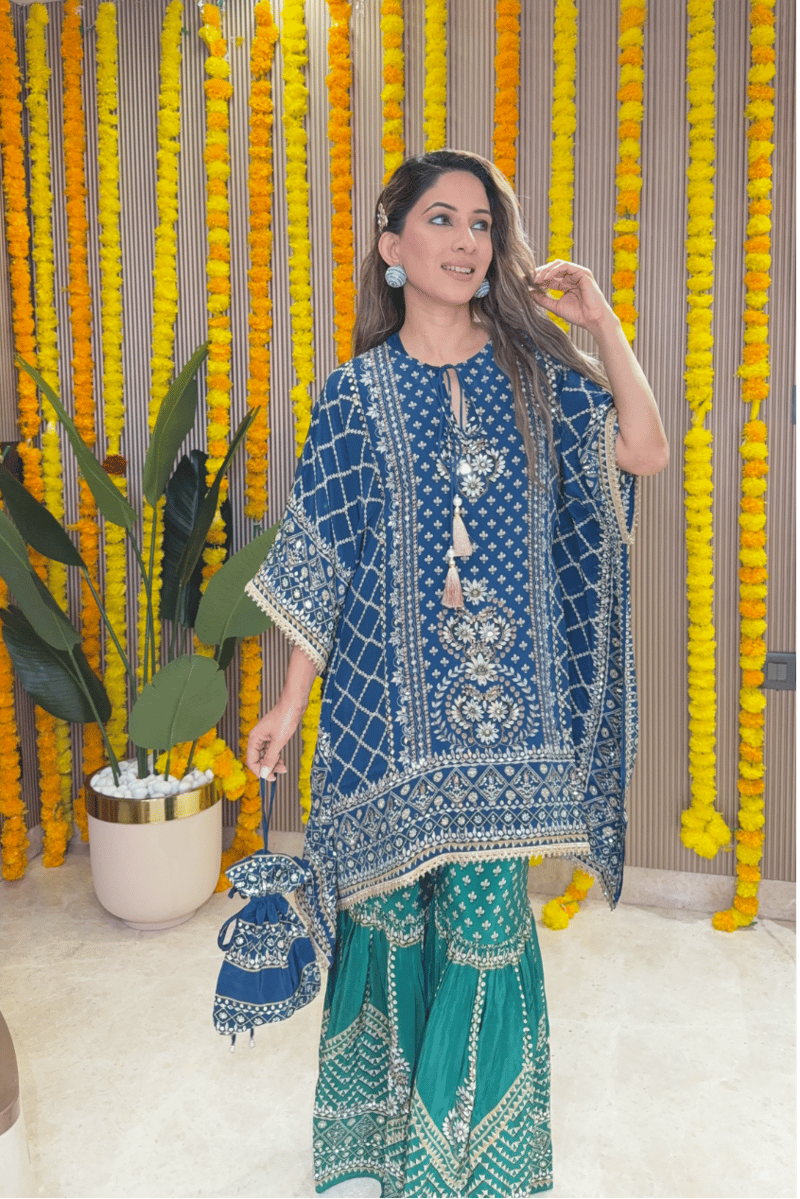 Teal Blue Kaftan and Emerald Gharara Co-ord Set