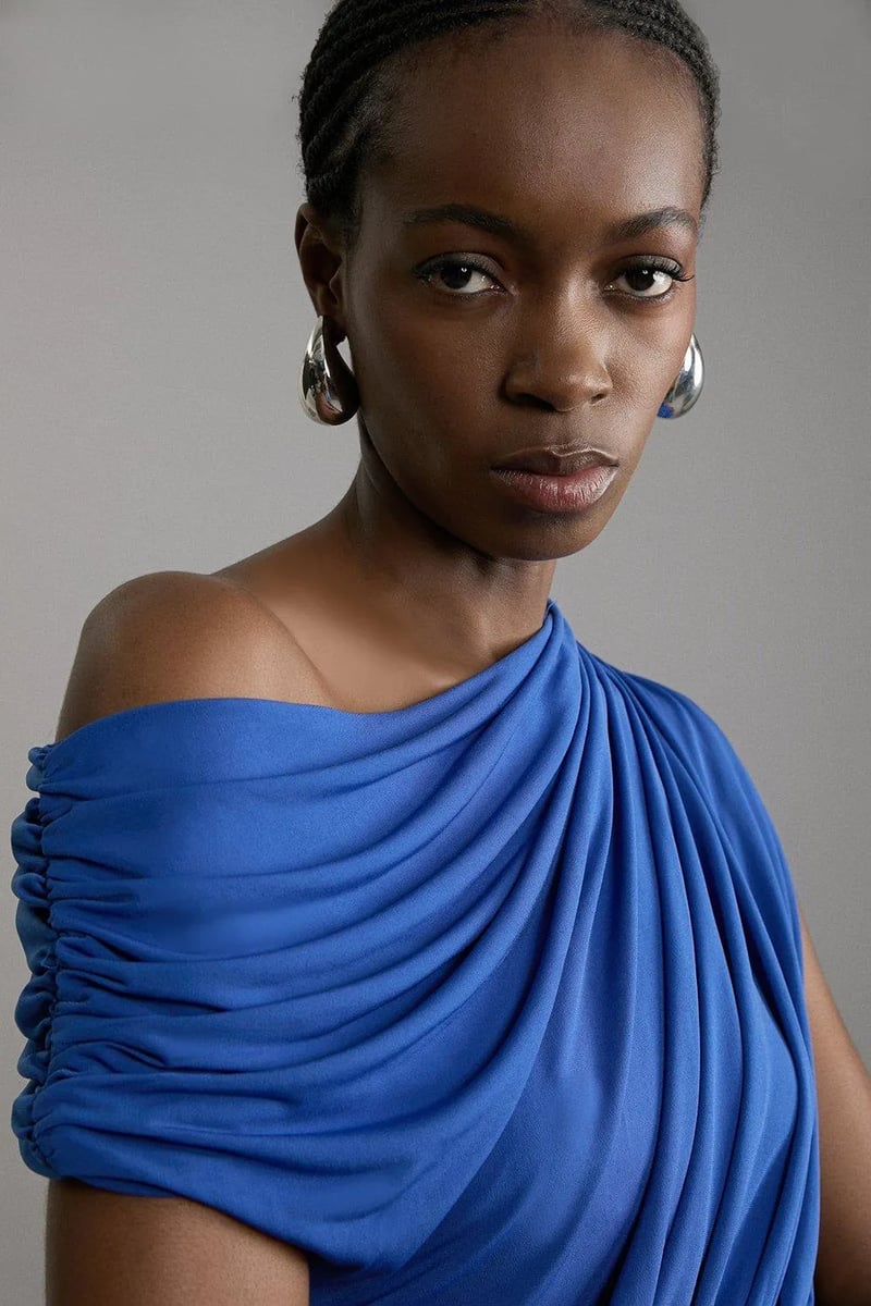 Cobalt One-Shoulder Ruched Midi Dress with Slit