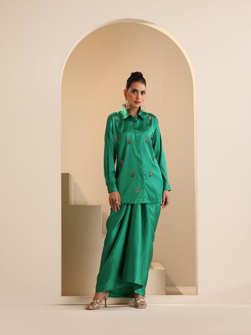 Green Satin Shirt and Wrap Dhoti Skirt Co-ord Set