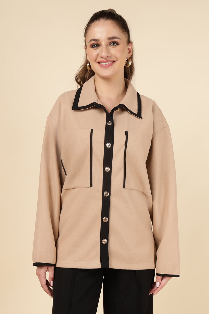 Camel Colorblock Button-Front Shirt with Contrast Trim